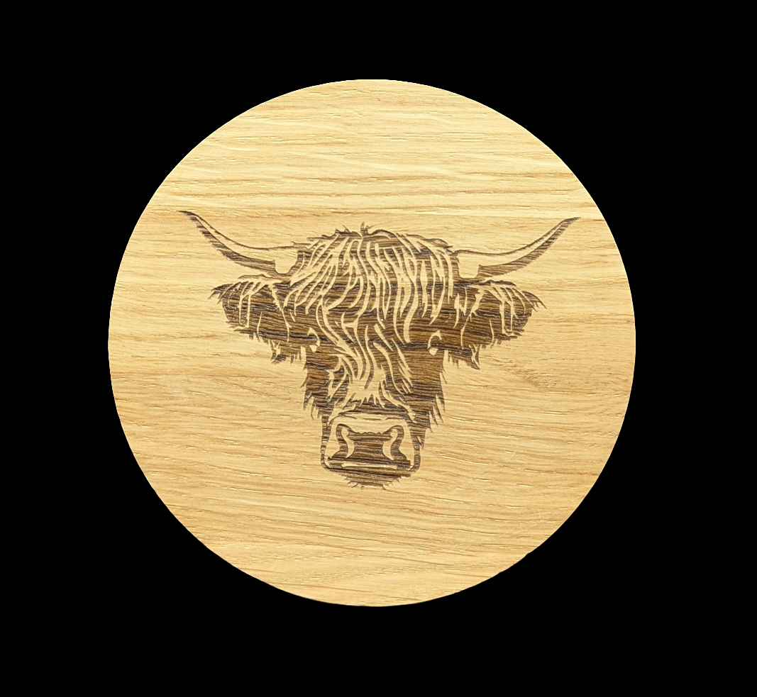 Highland Cow Oak Coaster