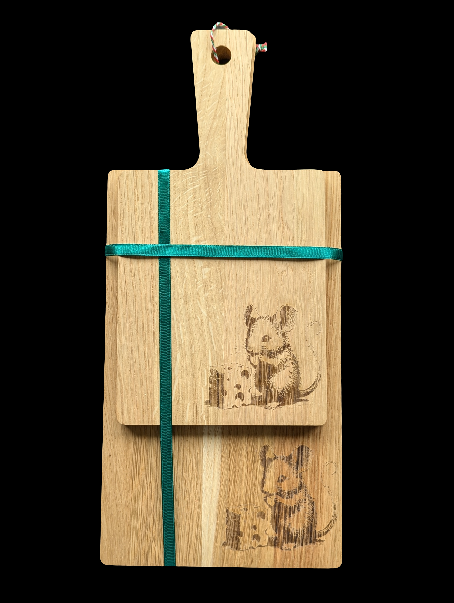 Mouse with Cheese Oak Chopping Board Set- Front