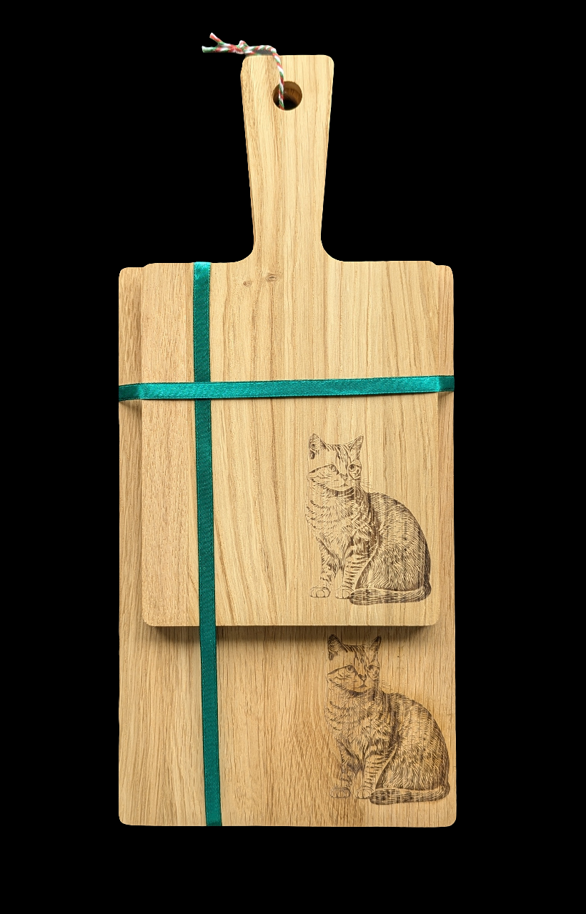 Cat Oak Chopping Board Set - Front