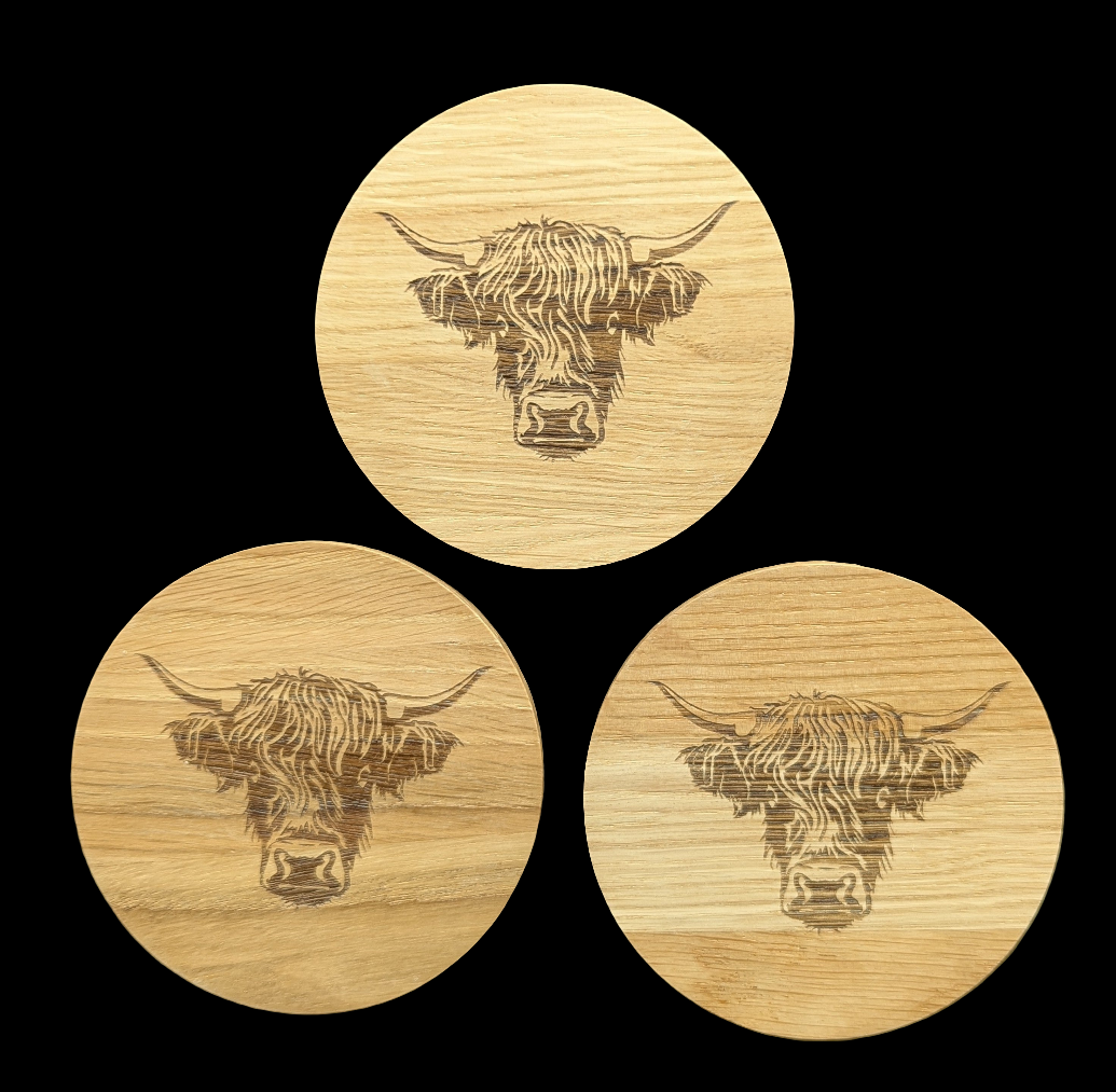 Highland Cow Oak Coaster - Group