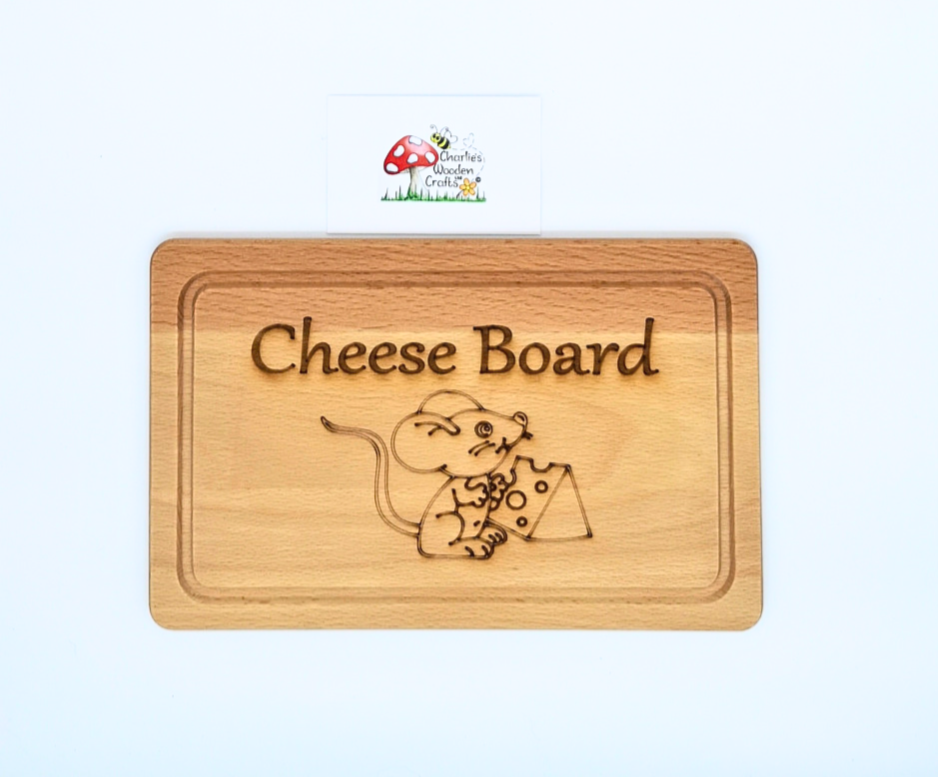 A Cheese Board made from a rectangle Beech hardwood board with a laser engraved design.