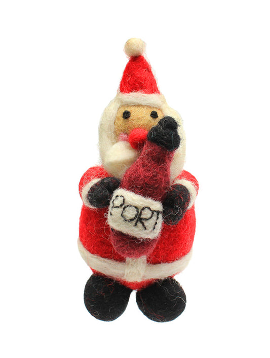 Father Christmas with a bottle of Port Hanging Felt Christmas Decoration