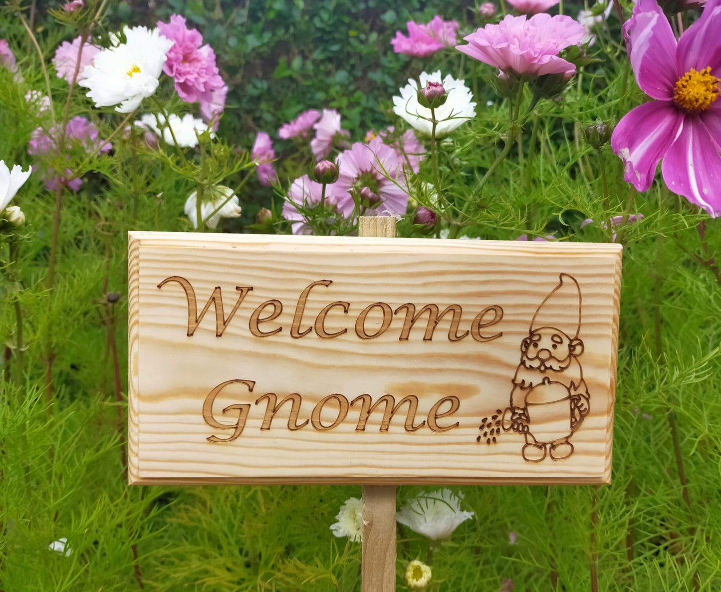 Welcome Gnome outdoor wooden garden sign - Stake