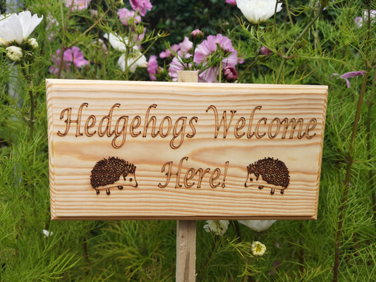 Hedgehogs welcome here outdoor wooden garden sign - Stake