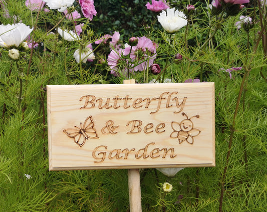 Butterfly and Bee Garden outdoor wooden garden sign - Stake