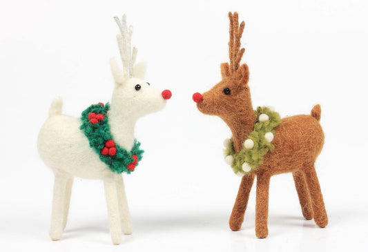 Rudolph Reindeer with a wreath hanging felt Christmas decoration