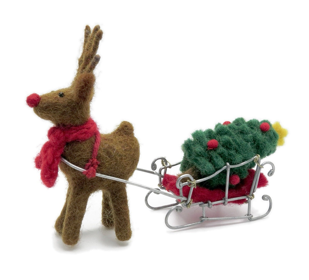 Standing Felt Reindeer with a Metal Sleigh Christmas Decoration