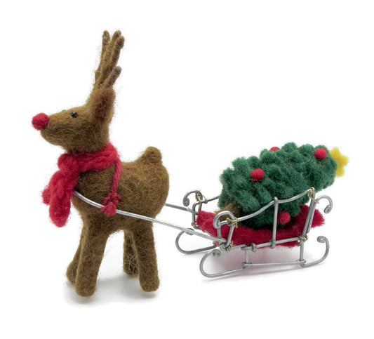 Standing Felt Reindeer with a Metal Sleigh Christmas Decoration