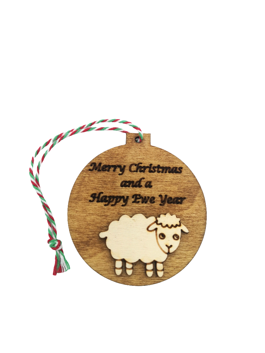 A selection of funny Farm Animal (Sheep and Cow) Christmas baubles. Made from high quality sustainably sourced ply-wood.