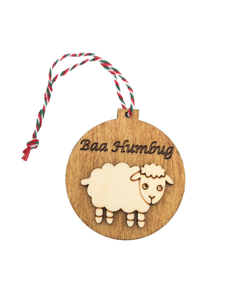 A selection of funny Farm Animal (Sheep and Cow) Christmas baubles. Made from high quality sustainably sourced ply-wood.