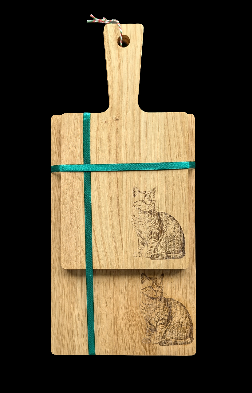 Cat Oak Chopping Board Set - Front 