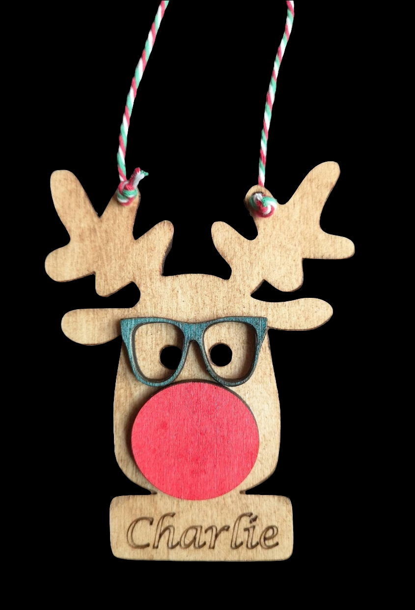 Rudolph Reindeer Personalised Bauble. Made from high quality sustainably sourced ply-wood