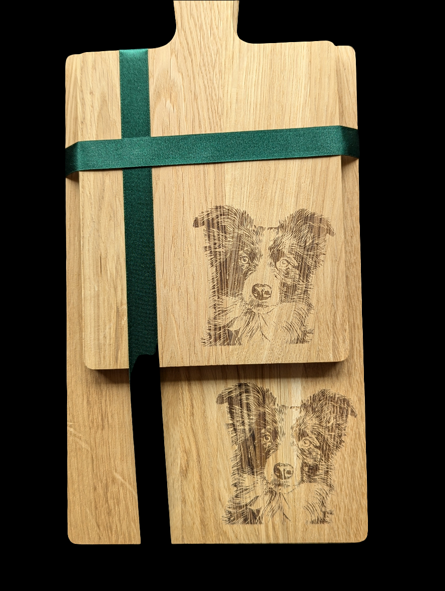 Border Collie Oak Chopping Board Set - Close up