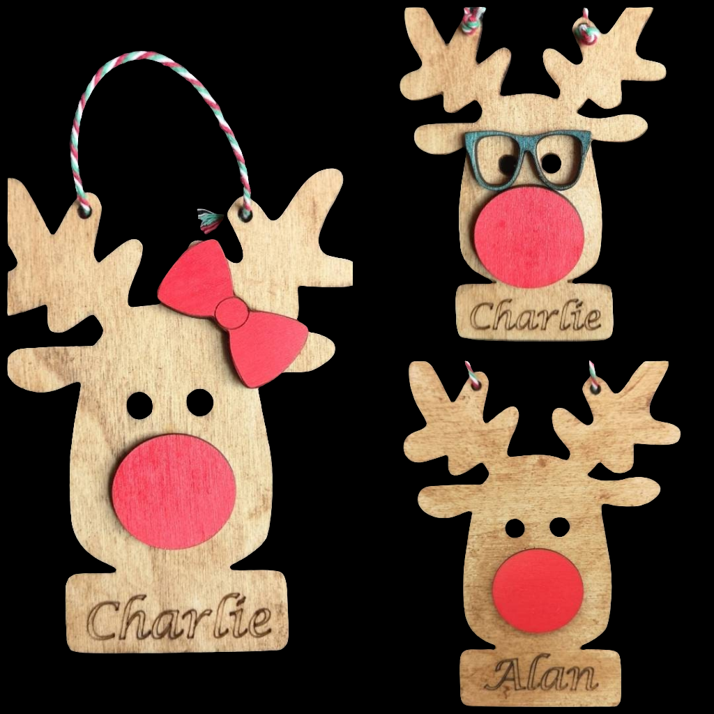 Rudolph Reindeer Personalised Bauble. Made from high quality sustainably sourced ply-wood