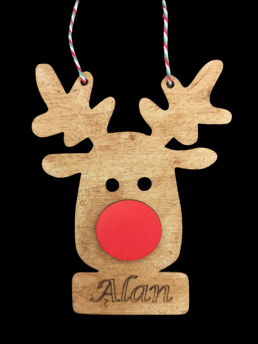 Rudolph Reindeer Personalised Bauble. Made from high quality sustainably sourced ply-wood