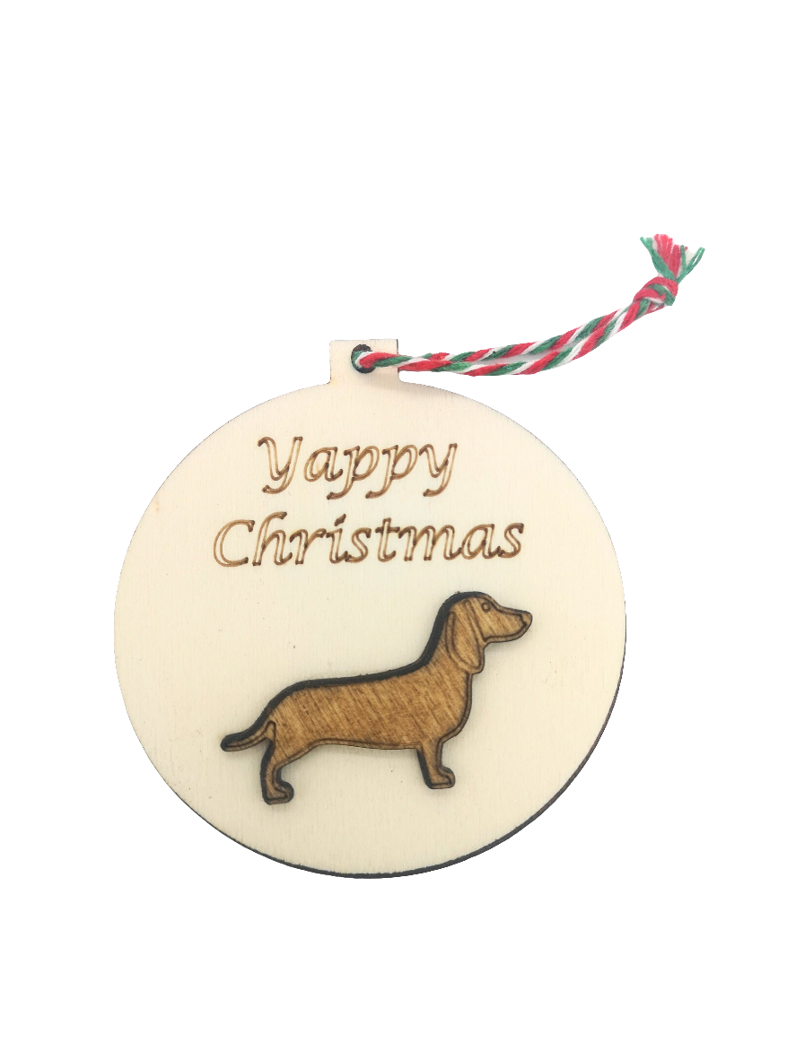 Yappy Christmas Dachshund Handmade Wooden Christmas Bauble.