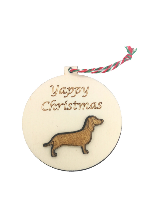 Yappy Christmas Dachshund Handmade Wooden Christmas Bauble.