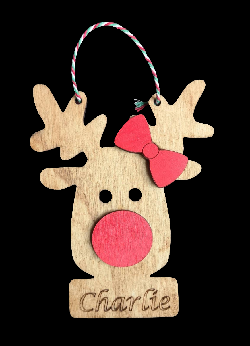 Rudolph Reindeer Personalised Bauble. Made from high quality sustainably sourced ply-wood