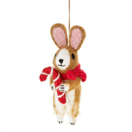 Ruth Rabbit with a Candy Cane Christmas Hanging Felt Decoration