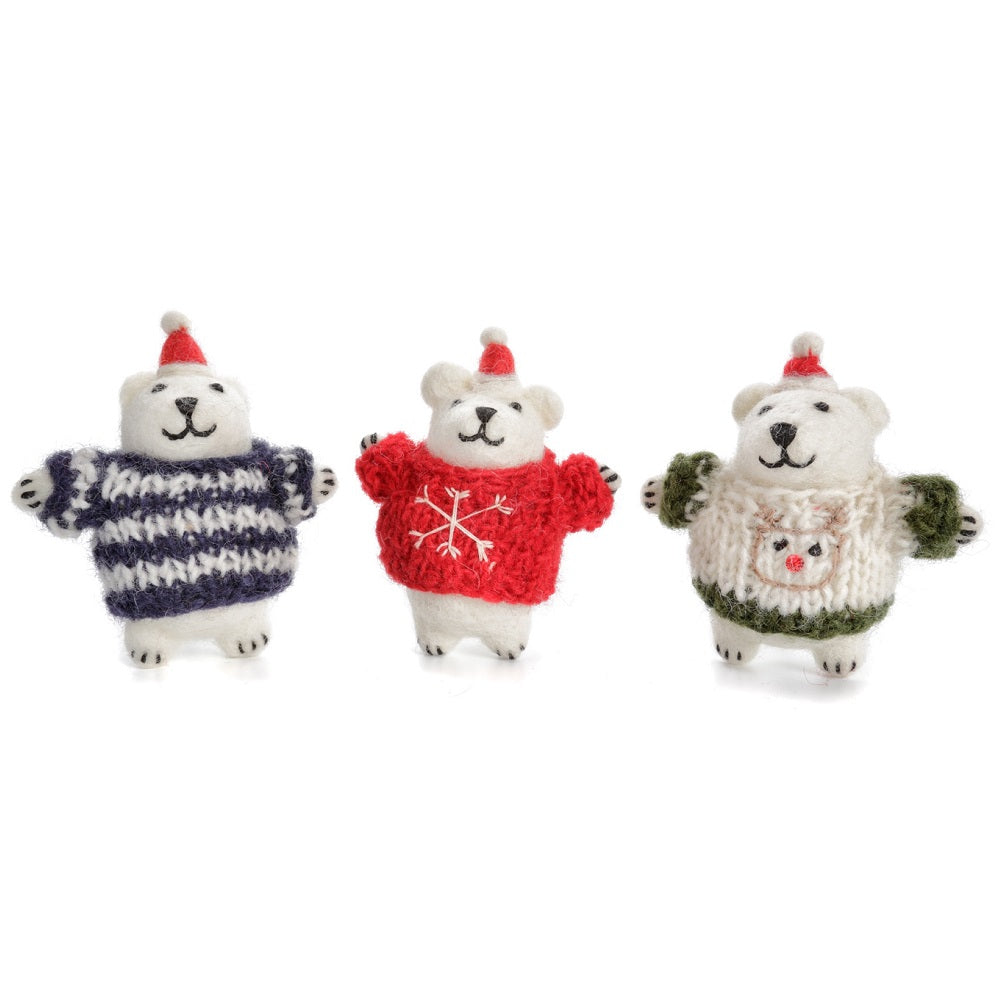 Polar Bear wearing a Christmas Jumper Hanging Felt Christmas Decoration