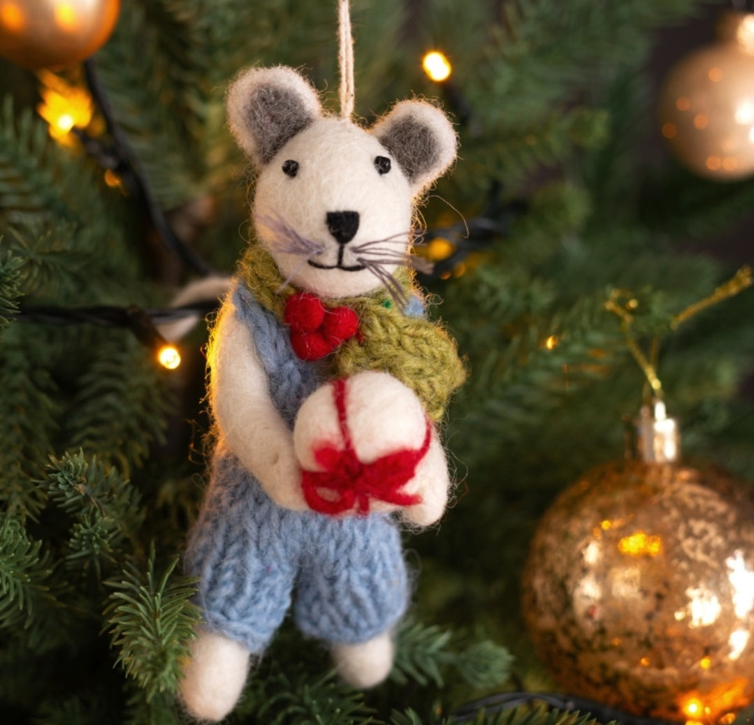 Little Boy Mouse Hanging Felt Christmas Decoration