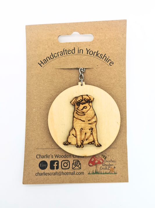 Pug Dog Wooden Keyring