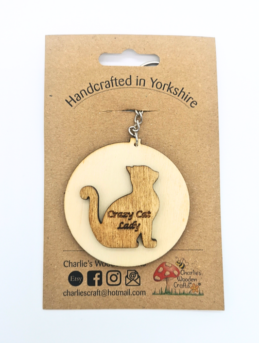 Crazy Cat Lady Wooden Keyring