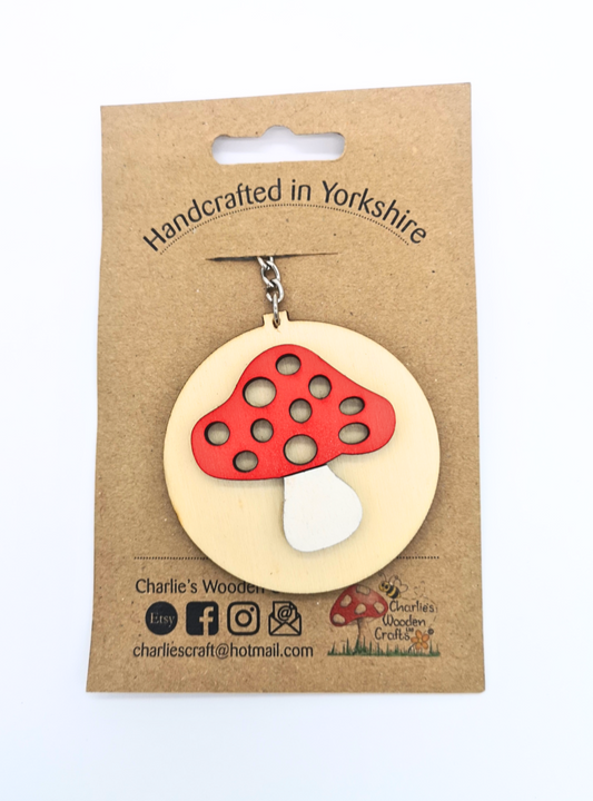 Toadstool Wooden Keyring- Mushroom Keyring.