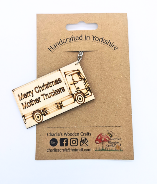 Merry Christmas Mother Truckers Wooden Keyring