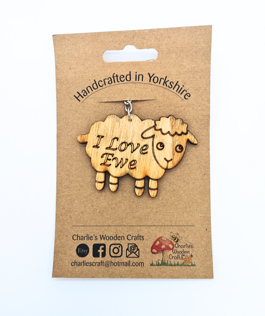 I Love Ewe Sheep Wooden Keyring