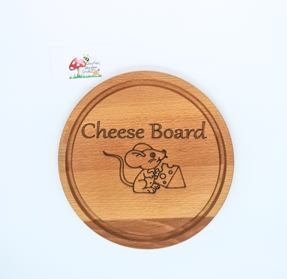 A Cheese Board made from Beech hardwood with a laser engraved design.