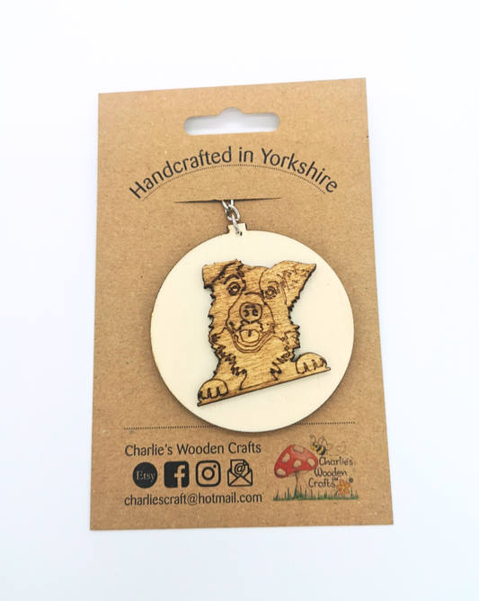 Border Collie Wooden Keyring